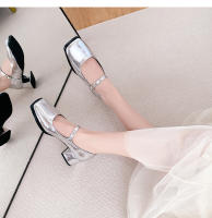 Zapatos sencillos con punta cuadrada y tacón grueso de nuevo estilo, zapatos plateados de tacón medio para mujer - details 16