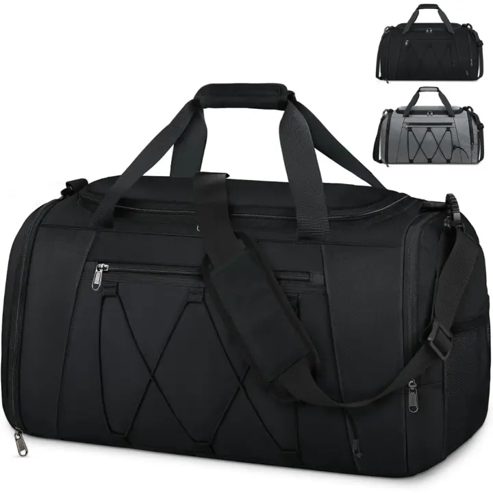 Bolsa Deporte con Compartimento para Zapatos Hombre Mujer Bolsa de Viaje Grande Impermeable Bolsa Deportivos Bolsa Fin de Semana Natación Travel Duffle Bag 55L Negro - 1