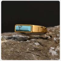 Vnox Sello de piedra natural para hombres y mujeres, banda de dedo de acero inoxidable chapada en oro unisex, regalo de anillo fraternal - details 7