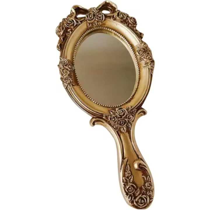 Scttomon Espejo de Mano Vintage Dorado Espejo pequeño de mano para Maquillaje - 1