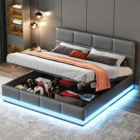 Cama de Almohada Tapizada 160 x 200cm LED, Rejilla Metálica, Caja de Cama, Doble Cama con Soporte de Cabeza Ajustable y Espacio de Almacenamiento Hidráulico Gris (Sin Colchón) - details 9