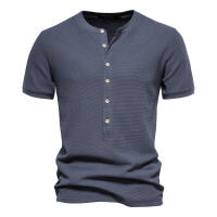 Camiseta de manga corta de punto con cuello Henry, camiseta informal de cuello redondo de color sólido para hombre, camiseta de gofre de talla europea - details 1