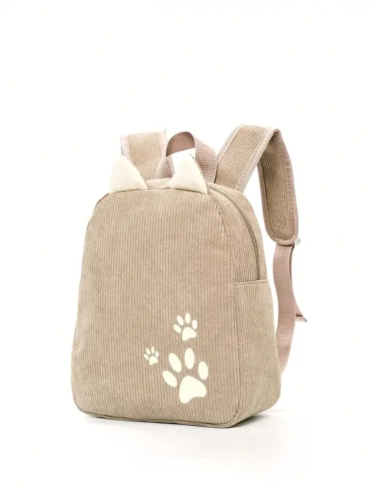 Mochila clásica con decoración de orejas de dibujos animados y patrón de pata de color caqui para niñas - 1