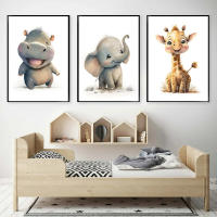 Póster de dibujos animados de animales de la selva, pintura en lienzo de elefante, León, hipopótamo, imágenes artísticas de pared para dormitorio de niños, decoración de habitación de bebé - details 2