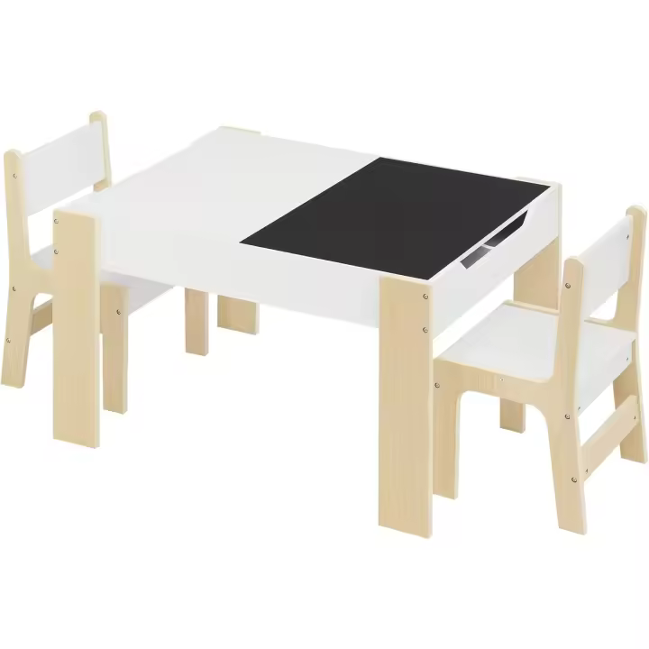 Cajones de Almacenamiento, Mesa Infantil con 2 Sillas de Madera Pizarra para Sala de Juegos - 1
