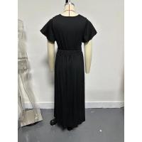 Vestido largo de verano 2024 de color sólido con cuello en V, manga acampanada, cintura elástica, adelgazante y con abertura. - details 4