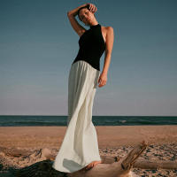 BUNO-Vestido de retazos con contraste de gato extraño para mujer, vestido Halter con espalda descubierta, sin mangas, dobladillo plisado, tendencia de vacaciones, informal, elástico, básico, ceñido largo - details 4