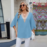 BUNO-2025 Blusa de moda con cuello en V para mujer, camisas de gasa de siete mangas con empalme de encaje, camisa holgada informal de Color sólido elegante para oficina, novedad de 20252 - details 10