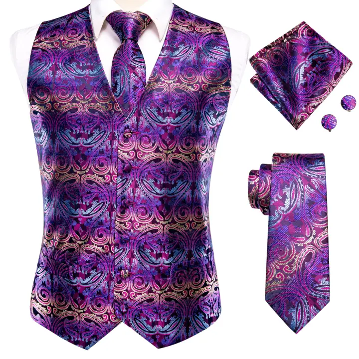 Chaleco de seda negro para hombre, conjunto de gemelos y pañuelo con corbata de Jacquard de Cachemira, chaleco Formal de negocios sin mangas con cuello en V - 1