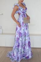 Vestido Largo de Fiesta Étnico con Volantes - Tul Floral Estampado Tropical, Tirantes Finos Ajustables - Elegante Vestido de Noche para Bodas, Fiestas de Verano 2025 - details 9