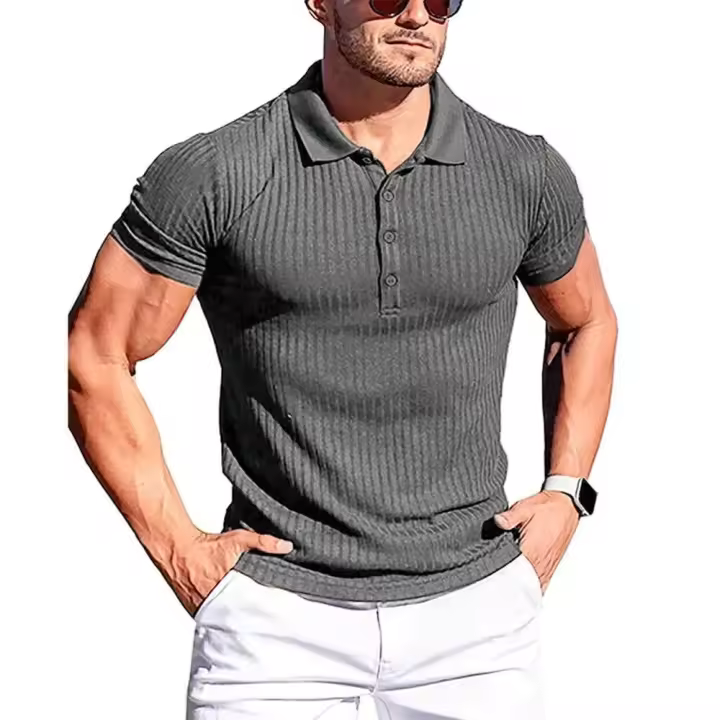 Polo de manga corta para hombre, camisa PIESS elástica a rayas lisas, cuello alto a la moda, novedad de verano - 1