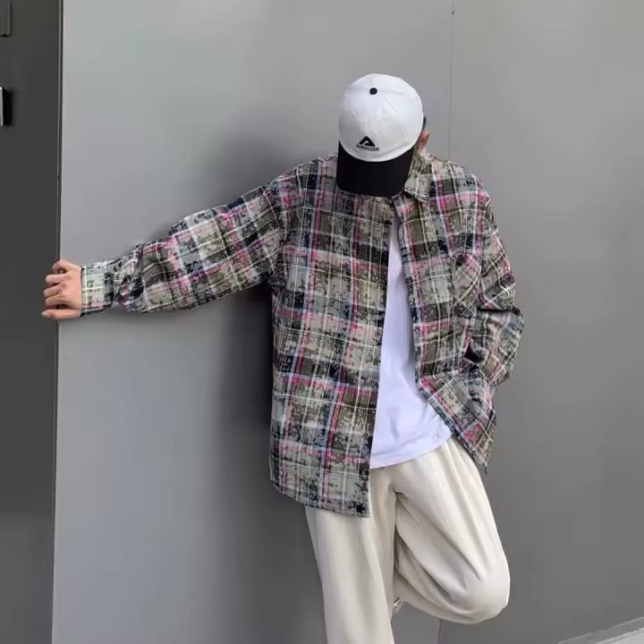 Otoño camisa nueva abrigo de los hombres a cuadros Fried Street estilo americano suelta Pu Shuaigao Street Retro camisa de solapa de manga larga - 1