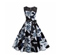 Lace patchwork floral print women summer 50s 60s elegant dress - details 10