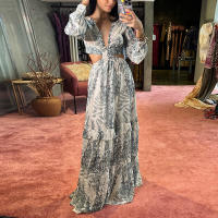 Falda larga para mujer, vestido con vuelo de cintura alta floral con cuello en V hueco para ir al trabajo, novedad de 2025 - details 5