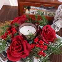 Corona de vela navideña de flores artificiales, anillos de vela románticos de 30CM, suministros de fiesta de rosas rojas, corona de candelabro, decoración navideña - details 8