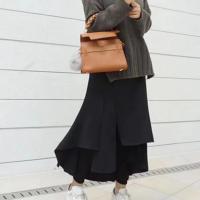 Falda de pantalones de cintura alta, cintura elástica, mallas gruesas, falda larga falsa de dos piezas con forro polar para mujer - details 6