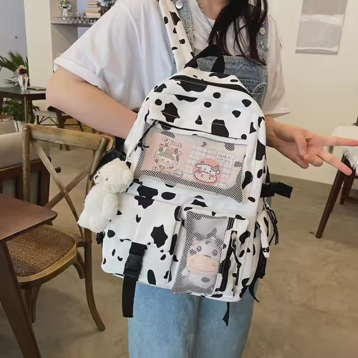 Vaca, lunares, personalidad, estudiante, chica suave, lienzo, universidad, lindo, divertido, mochila - 1