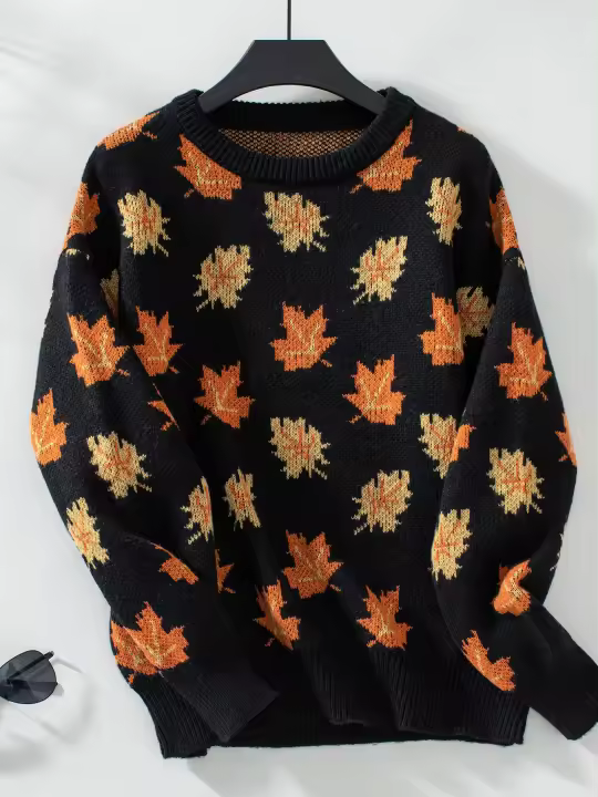 Jersey de punto con patrón de hoja de arce para mujer, jersey de cuello redondo, Top de otoño e invierno, nuevo - 1