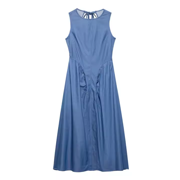 BUNO-vestido Midi plisado azul vaquero a la moda con lazo y espalda descubierta para mujer, vestido Vintage sin mangas con cuello redondo, vestidos elegantes para mujer - 1