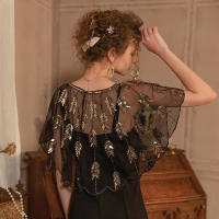 Mantón rojo púrpura para mujer, capa vintage con patrón de hojas de lentejuelas, chal de gasa para vestido de noche - details 4