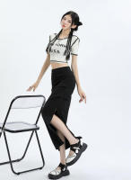 Lucyever-Falda larga ajustada de cintura alta para mujer, faldas Midi con abertura lateral, estilo coreano, Y2K - details 9