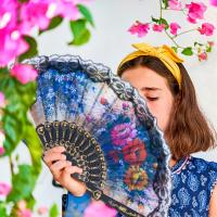 12 abanicos de mano con adornos negros, abanico plegable floral retro, abanico plegable de estilo chino de verano, adecuado para mujeres, actuaciones de danza y accesorios de fotografía - details 0