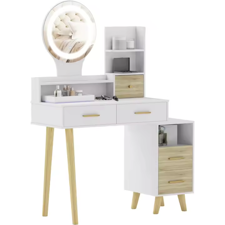 Tocador de Maquillaje con Espejo y Luces LED Mesa de Maquillaje con Iluminación Ajustable 5 Cajones y 4 Compartimentos Tocador para Dormitorio Salón Blanco - 1