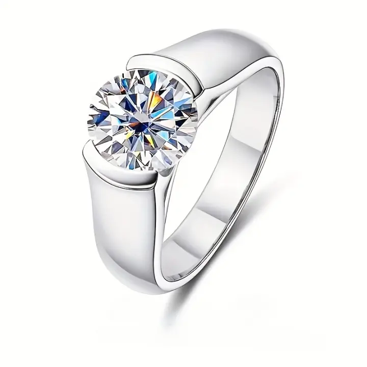 Anillo Moissanite de 2 caratados en Plata Esterlina 925 Chapada en Oro 18K para Hombres y Mujeres Regalo de Boda Pileable - 1