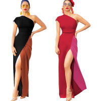 Invitada con un hombro largo y diseño de bloques de color Wo, estilo elegante, vestido de noche de boda de longitud media, vestido nquet para Wo, estilo, , - details 8