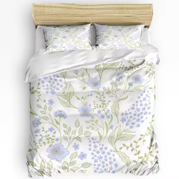 Sábana de Flores Azules y Verdes para el Hogar 3 Piezas Funda de Edredón Cubierta de Almohada Sin Sábana Ropa de Cama para el Dormitorio - 1