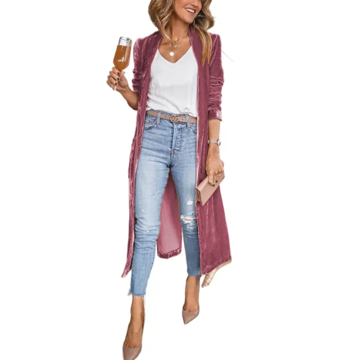 Abrigo largo clásico de moda para mujer, terciopelo dorado de color sólido, chaqueta elástica tipo cárdigan suelta - 1