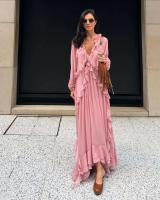 Vestidos elegantes lisos de encaje con múltiples unces, vestidos elegantes holgados con cuello de pico, batas de manga larga para mujer nueva, vestido de vacaciones para ir al trabajo de verano 2025 - details 6