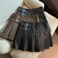 Minifaldas de cuero Pu para mujer, ropa de calle, Falda plisada de cintura alta, faldas acampanadas informales ajustadas negras coreanas Vintage - details 7