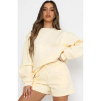 Wind Conjunto de pantalones cortos y sudadera con cuello redondo informal holgado de Color puro para mujer - details 32