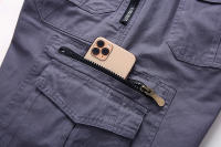 Summer men's cotton multi-pocket solid color 7-point Library, casual sports shorts - details 2