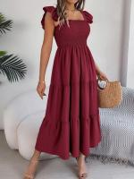 Escote cuadrado de verano con mangas anchas y pliegues, vestido informal de algodón transpirable para playa o uso diario, estilo bohemio - details 26
