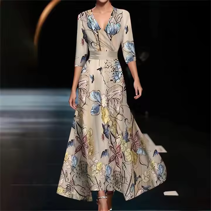 Vestido Maxi Bohemio Vintage Para Mujer Elegante Y Sexy Con Estampado Floral A-Line Manga Corta Cintura Ajustada Fiesta - 1
