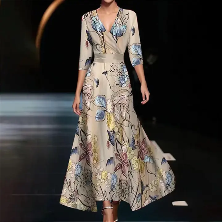 Vestido Maxi Bohemio Vintage Para Mujer Elegante Y Sexy Con Estampado Floral A-Line Manga Corta Cintura Ajustada Fiesta - 1
