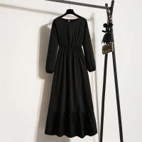 Vestido largo ajustado a la cintura con jersey de manga larga de color liso para mujer - details 14