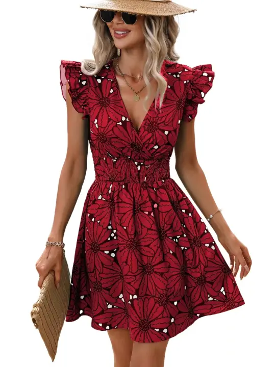 Vestido corto informal con estampado Floral para mujer, minivestido de calle con manga con volantes, rojo S - 1