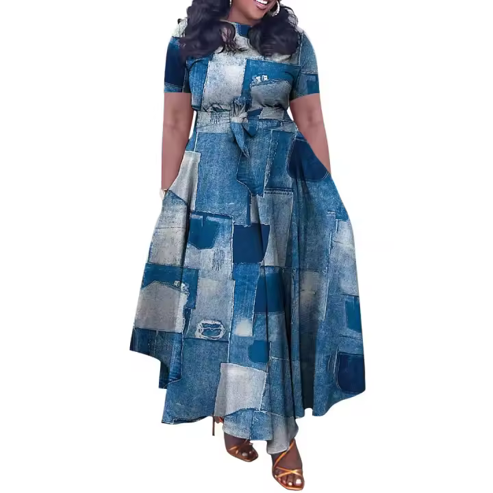 Nuevo vestido informal con estampado digital de talla grande, manga corta de color geométrico para mujer, cuello redondo, cinturón acampanado - 1