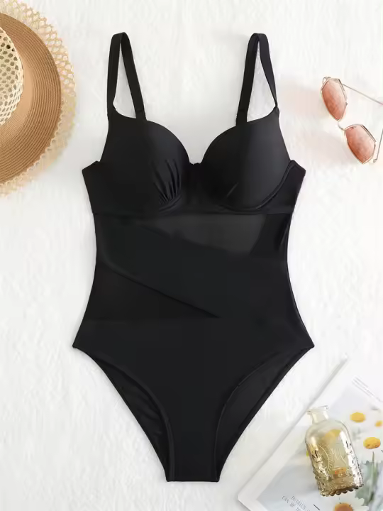 Traje de baño liso de una pieza reforzado para mujer, sexy con tirantes, traje de playa de verano - 1