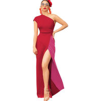 Invitada con un hombro largo y diseño de bloques de color Wo, estilo elegante, vestido de noche de boda de longitud media, vestido nquet para Wo, estilo, , - details 14