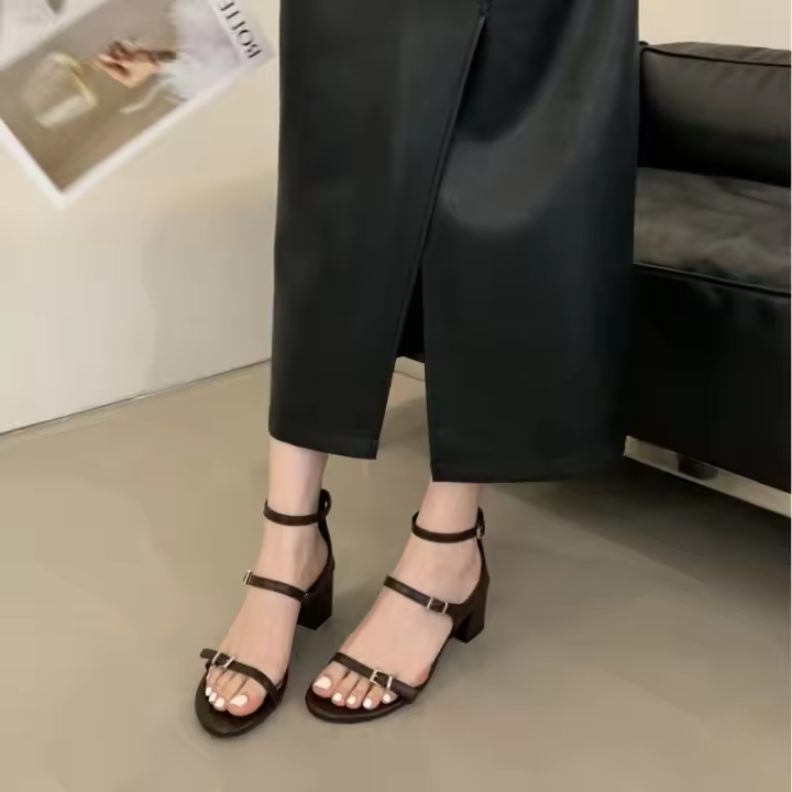Nicho francés tacones altos sandalias simples de punta abierta zapatos de mujer nuevo tacón grueso con falda zapatos romanos - 1