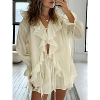 Conjunto casual de moda con volantes Design Sense, primavera verano, nuevo cárdigan con lazo, top y shorts, ropa de mujer - details 2