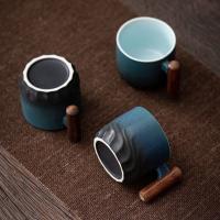 Taza de café Retro de cerámica con esmalte degradado, taza de café hecha a mano con mango de madera, Color sólido, para el hogar - details 2