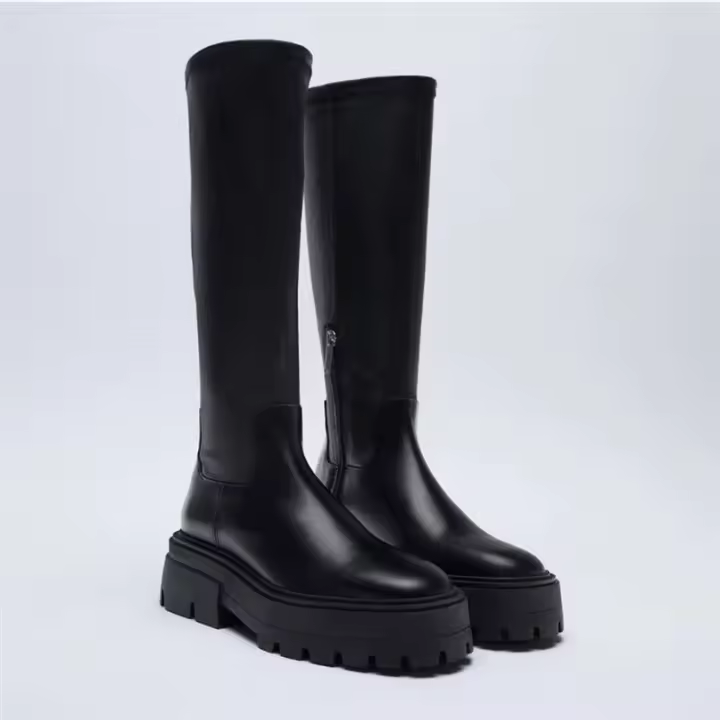 Nuevas botas largas Jane, zapatos de mujer, botas altas onduladas de cuero de vaca negro con suela gruesa - 1