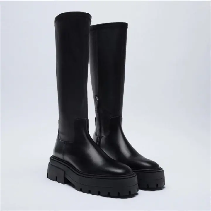 Nuevas botas largas Jane, zapatos de mujer, botas altas onduladas de cuero de vaca negro con suela gruesa - 1