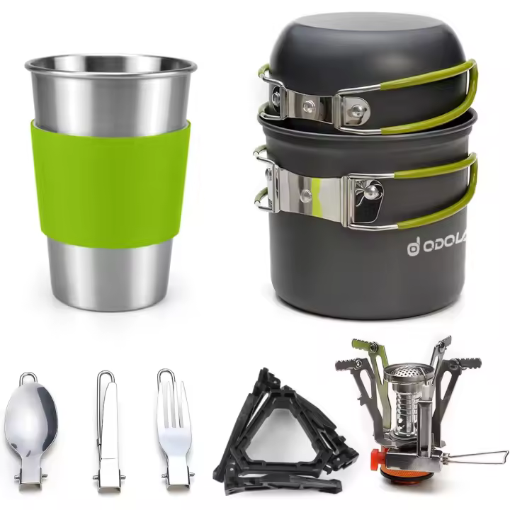 sartenes para camping, 10 utensilios de cocina de acampada, de aluminio duradero, camping y utensilios completos con estufa de camping portátil ultraligero para camping, senderismo, - 1