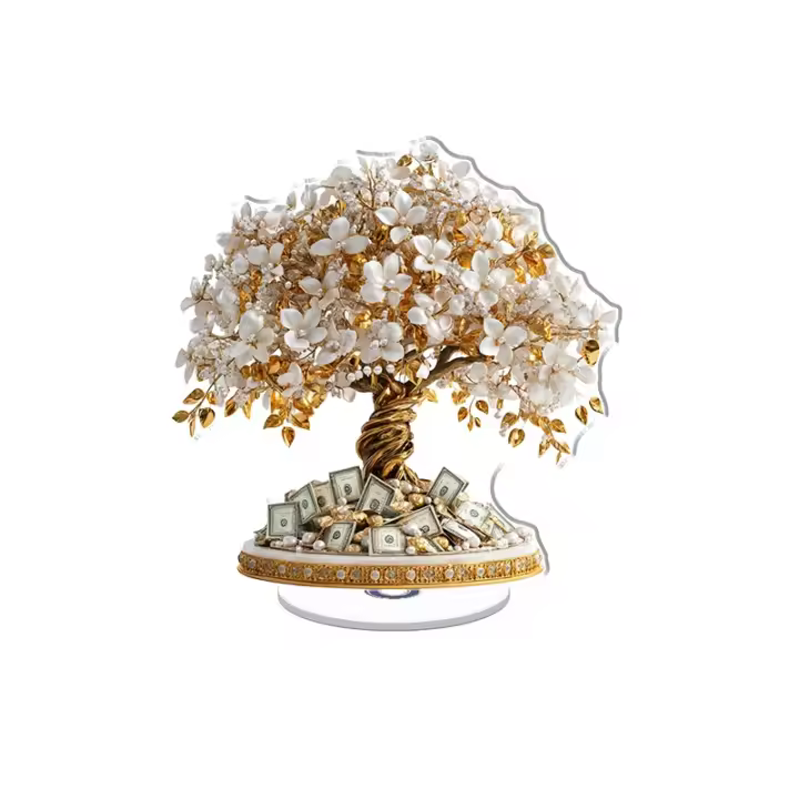 Adorno acrílico giratorio con un árbol de efectivo dorado con monedas con diamantes y billetes con incrustaciones de perlas en un diseño vibrante y ultrarrealista. - 1